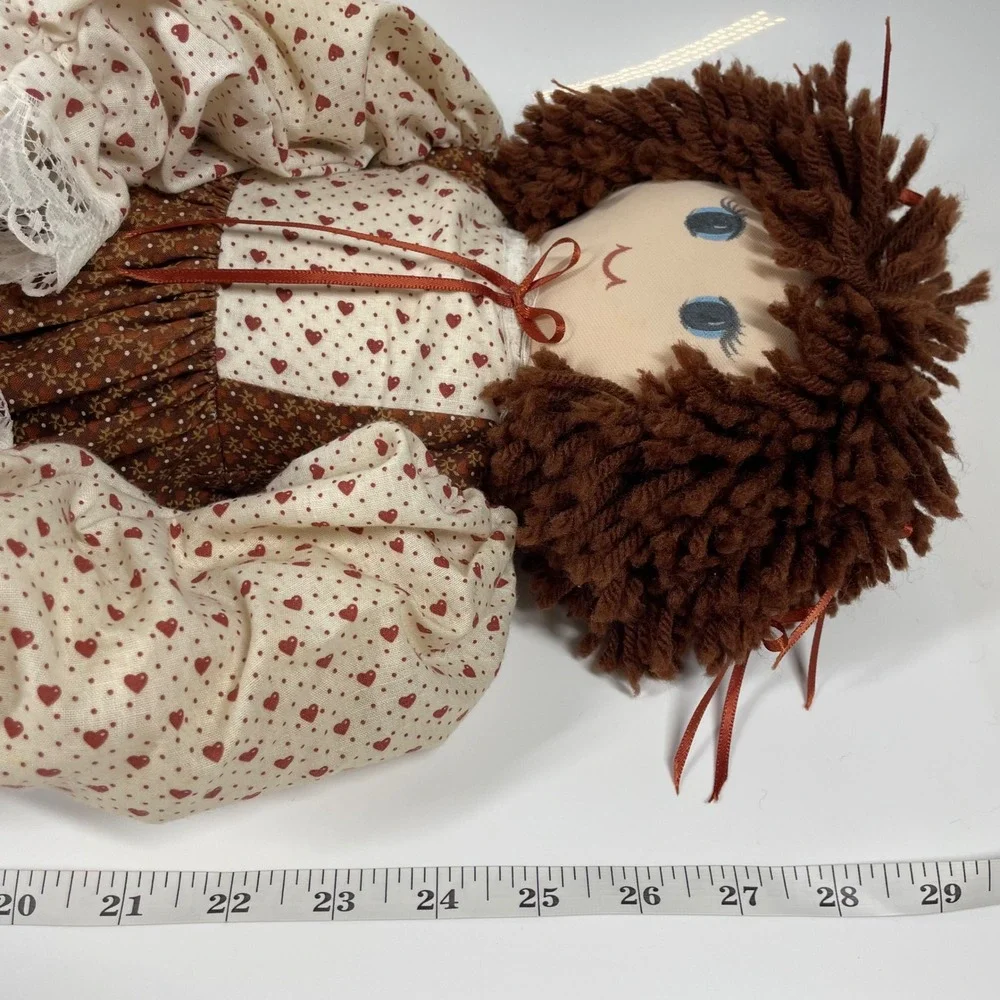 Vintage Handmade Rag Doll Brown Yarn Hair Floral Dress Lace Bloomers 29